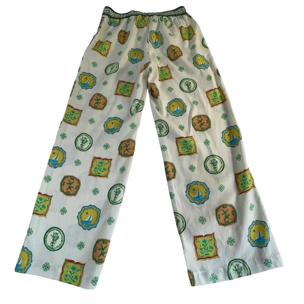 Maison d’Amelie Linen Blend Wide Leg Pants Print Pockets Medium - Picture 2 of 11